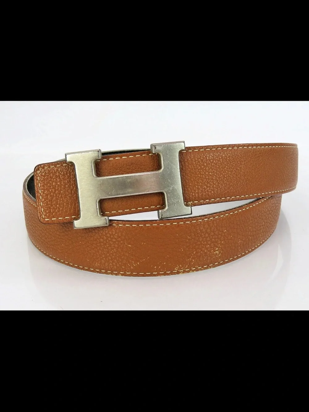 Hermes Tan Leather Belt with Silver H Buckle